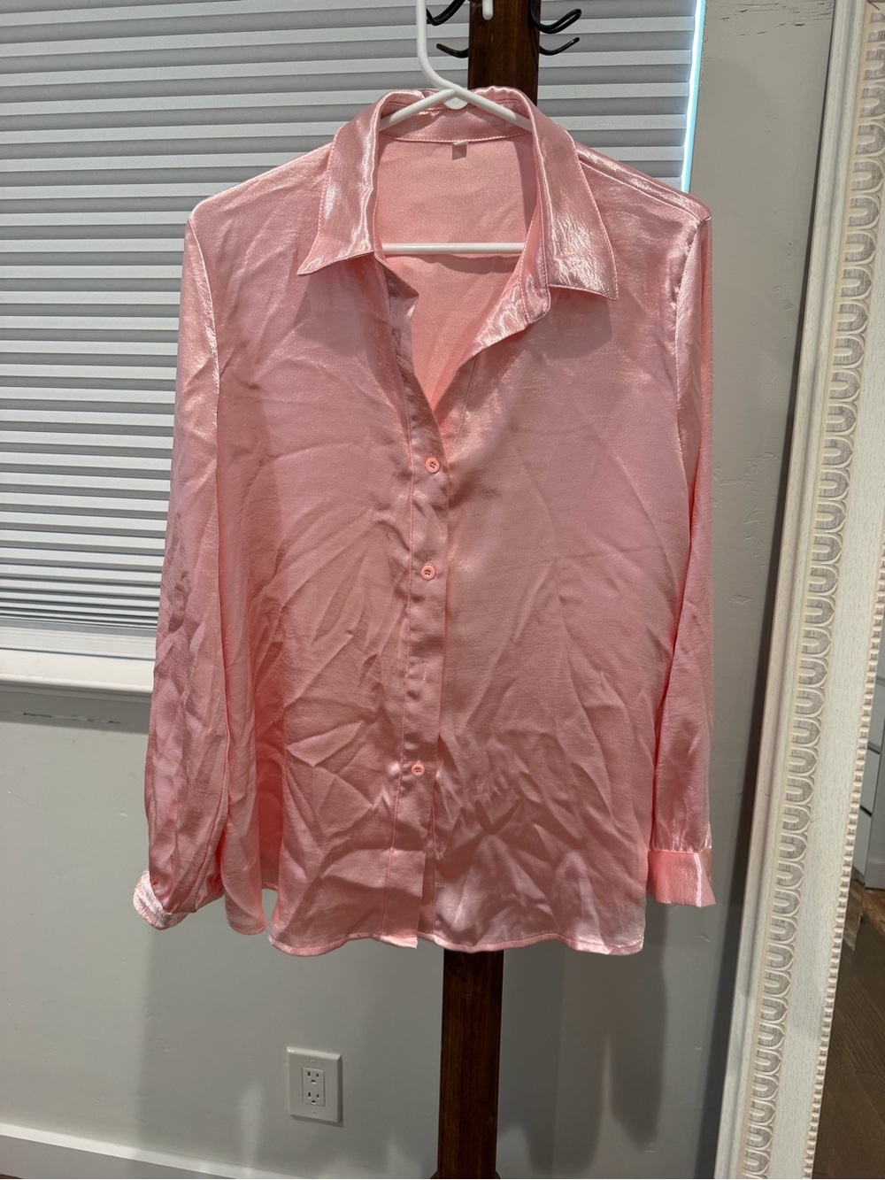 Classic Pink Satin Button-Up Shirt - Women's Top